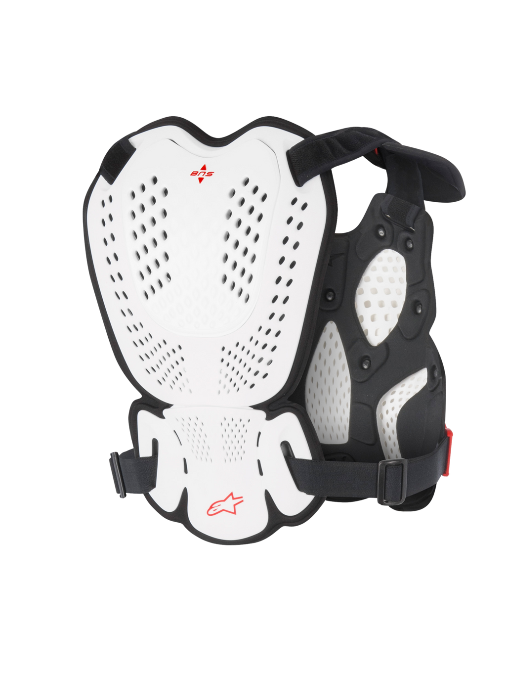 Alpinestars A-1 Roost Guard, ochraniacz klatki piersiowej i pleców do motocrossu, biało-czarny z czerwonym logo Alpinestars, perforowane twarde płyty osłonowe, wyściółka z pianki bio, widok z tyłu pokazujący zakres ochrony do jazdy motocrossowej i off-road