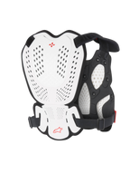 Alpinestars A-1 Roost Guard, ochraniacz klatki piersiowej i pleców do motocrossu, biało-czarny z czerwonym logo Alpinestars, perforowane twarde płyty osłonowe, wyściółka z pianki bio, widok z tyłu pokazujący zakres ochrony do jazdy motocrossowej i off-road