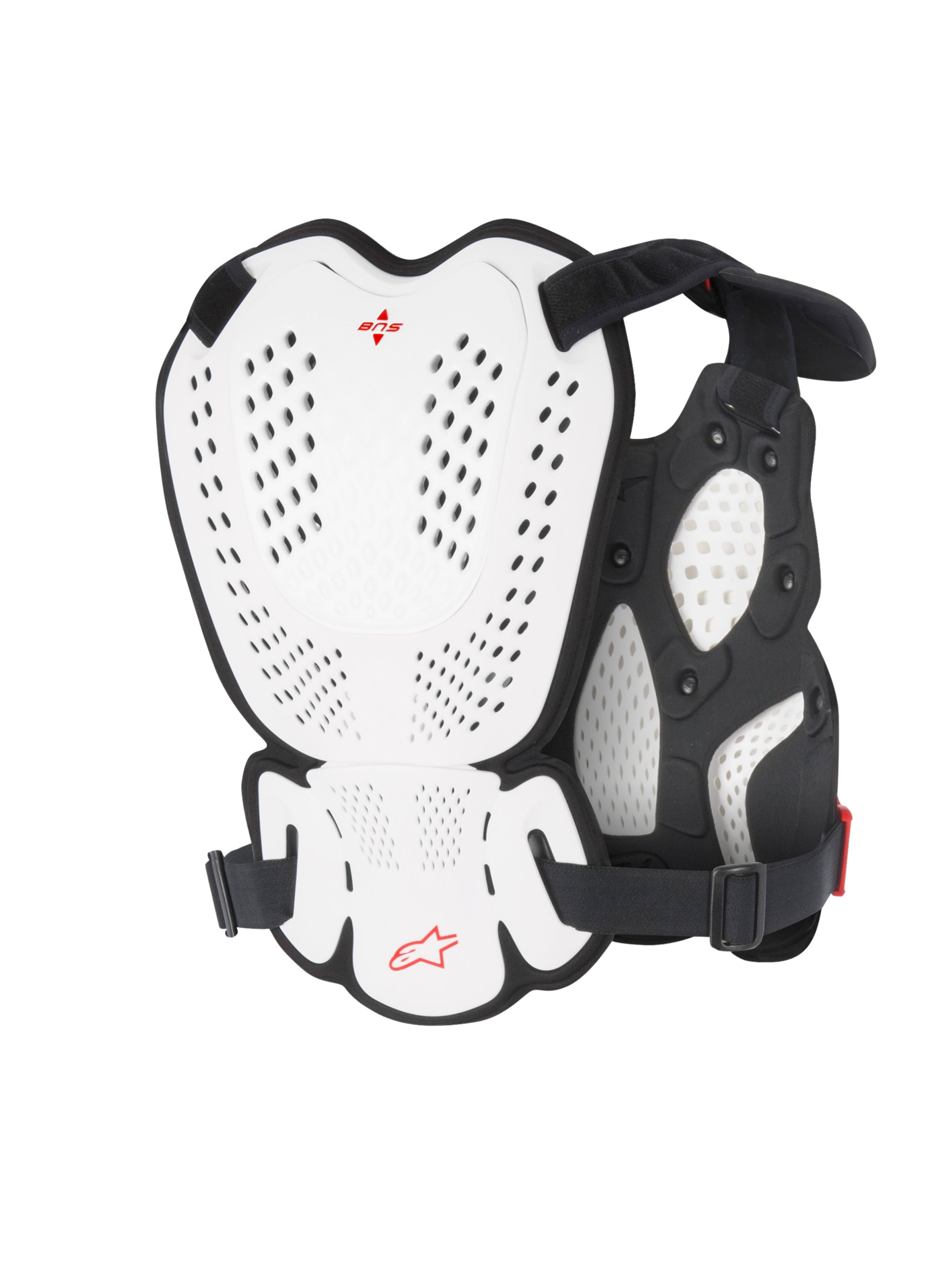 Alpinestars A-1 Roost Guard, ochraniacz klatki piersiowej i pleców do motocrossu, biało-czarny z czerwonym logo Alpinestars, perforowane twarde płyty osłonowe, wyściółka z pianki bio, widok z tyłu pokazujący zakres ochrony do jazdy motocrossowej i off-road