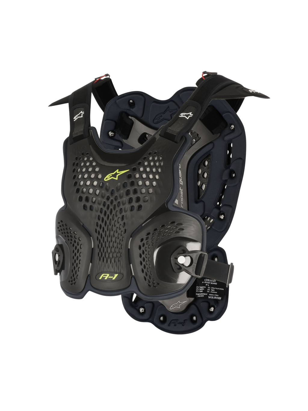 Alpinestars A-1 Roost Guard, ochraniacz klatki piersiowej do motocrossu, czarno-antracytowy z neonowymi żółtymi akcentami, perforowane twarde płyty o strukturze plastra miodu, wyściółka bio-foam, regulowane paski, lekki pancerz off-road