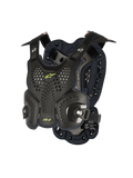Alpinestars A-1 Roost Guard, ochraniacz klatki piersiowej do motocrossu, czarno-antracytowy z neonowymi żółtymi akcentami, perforowane twarde płyty o strukturze plastra miodu, wyściółka bio-foam, regulowane paski, lekki pancerz off-road