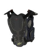 Alpinestars A-1 Roost Guard, ochraniacz klatki piersiowej i pleców motocross, Black Anthracite, widok z tyłu z perforowanymi twardymi płytami, czerwone logo BNS i limonkowo-zielone logo gwiazdy Alpinestars, regulowane paski dla ochrony off-road
