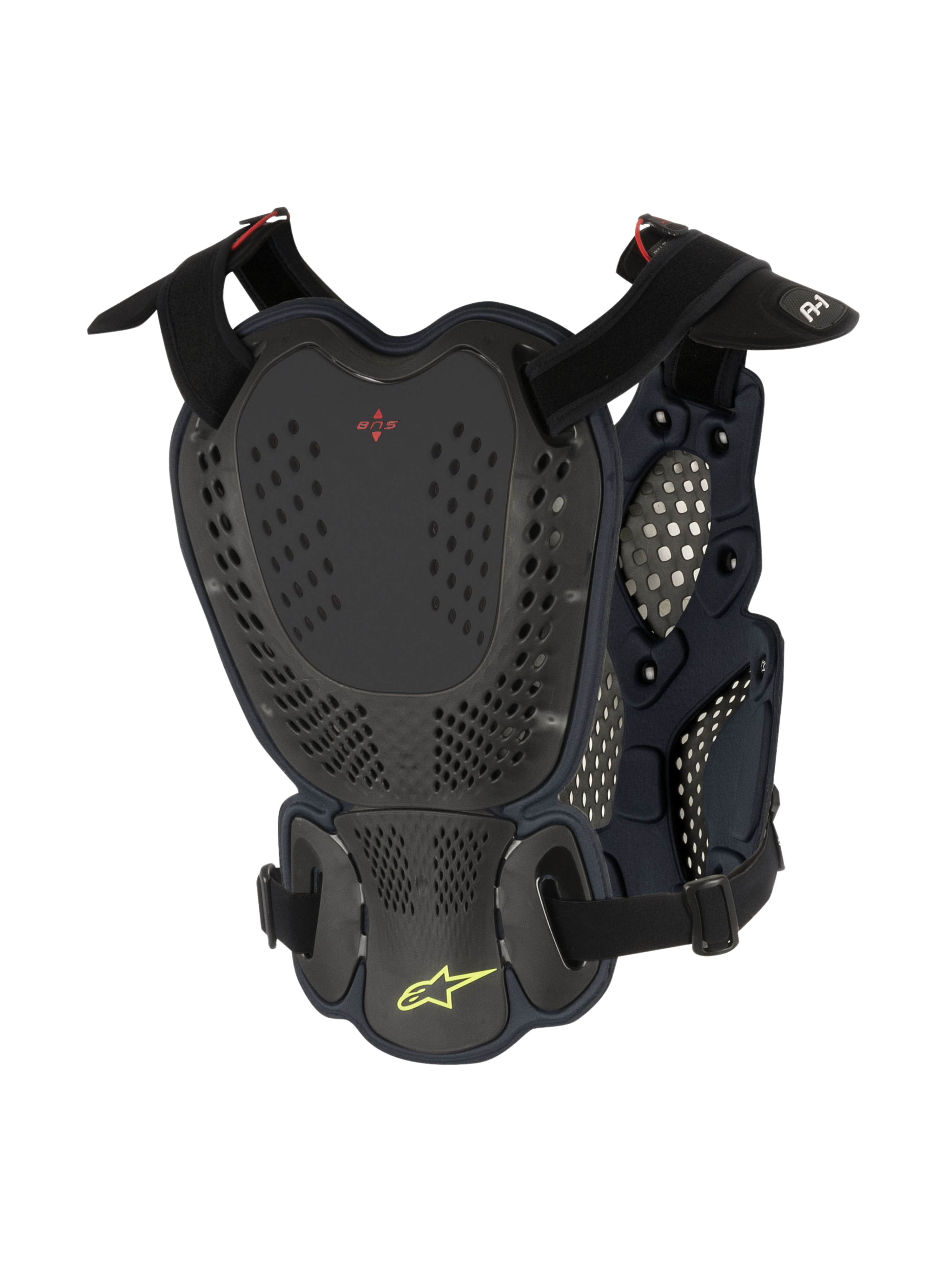 Alpinestars A-1 Roost Guard, ochraniacz klatki piersiowej i pleców motocross, Black Anthracite, widok z tyłu z perforowanymi twardymi płytami, czerwone logo BNS i limonkowo-zielone logo gwiazdy Alpinestars, regulowane paski dla ochrony off-road