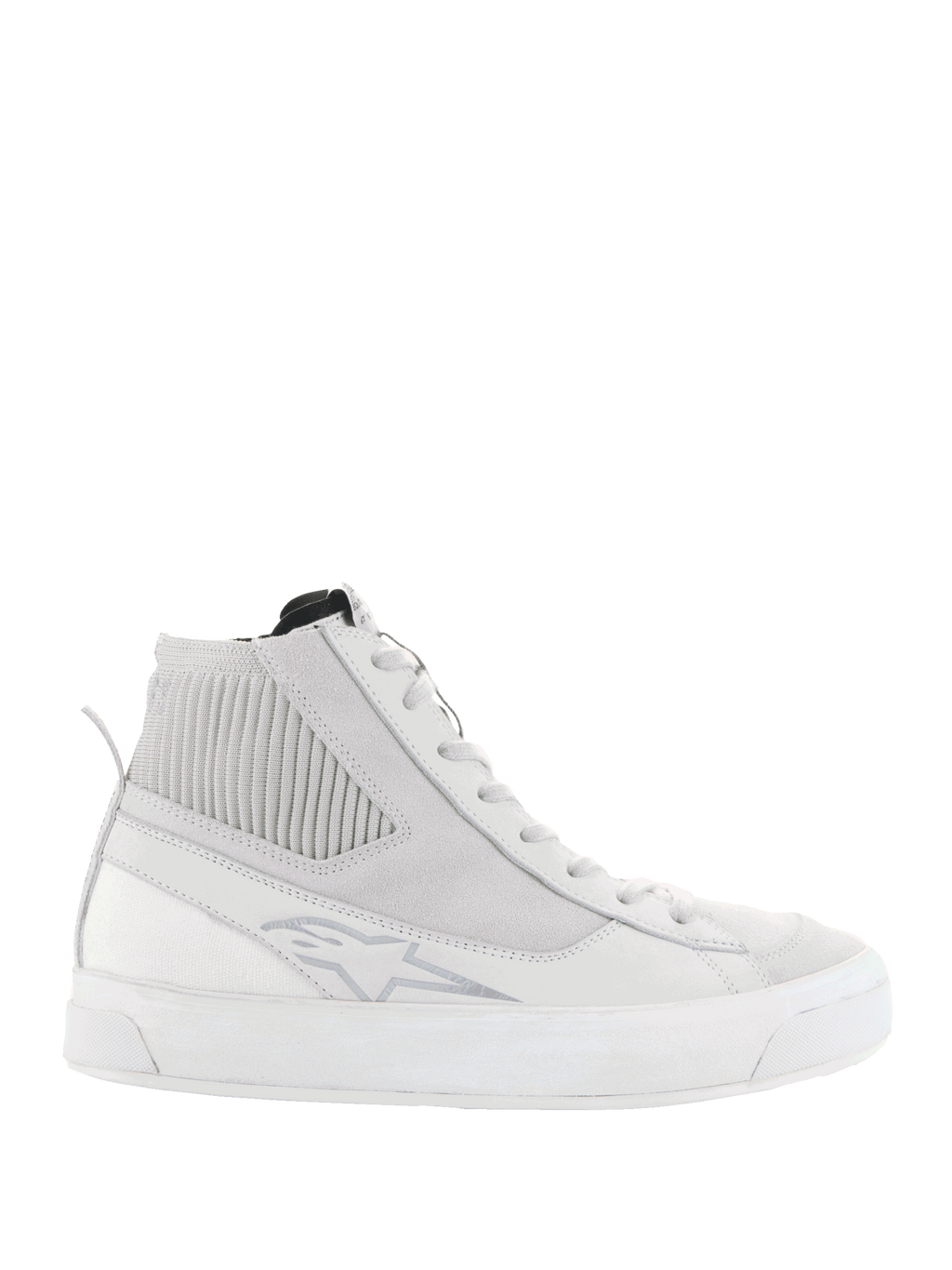 Alpinestars Stella Stated Podium Shoes, wysokie damskie sneakersy motocyklowe, biało-szare, gruba biała wulkanizowana podeszwa, żebrowany tekstylny panel na kostce, sznurowane zapięcie, subtelne logo, design inspirowany stylem retro skate