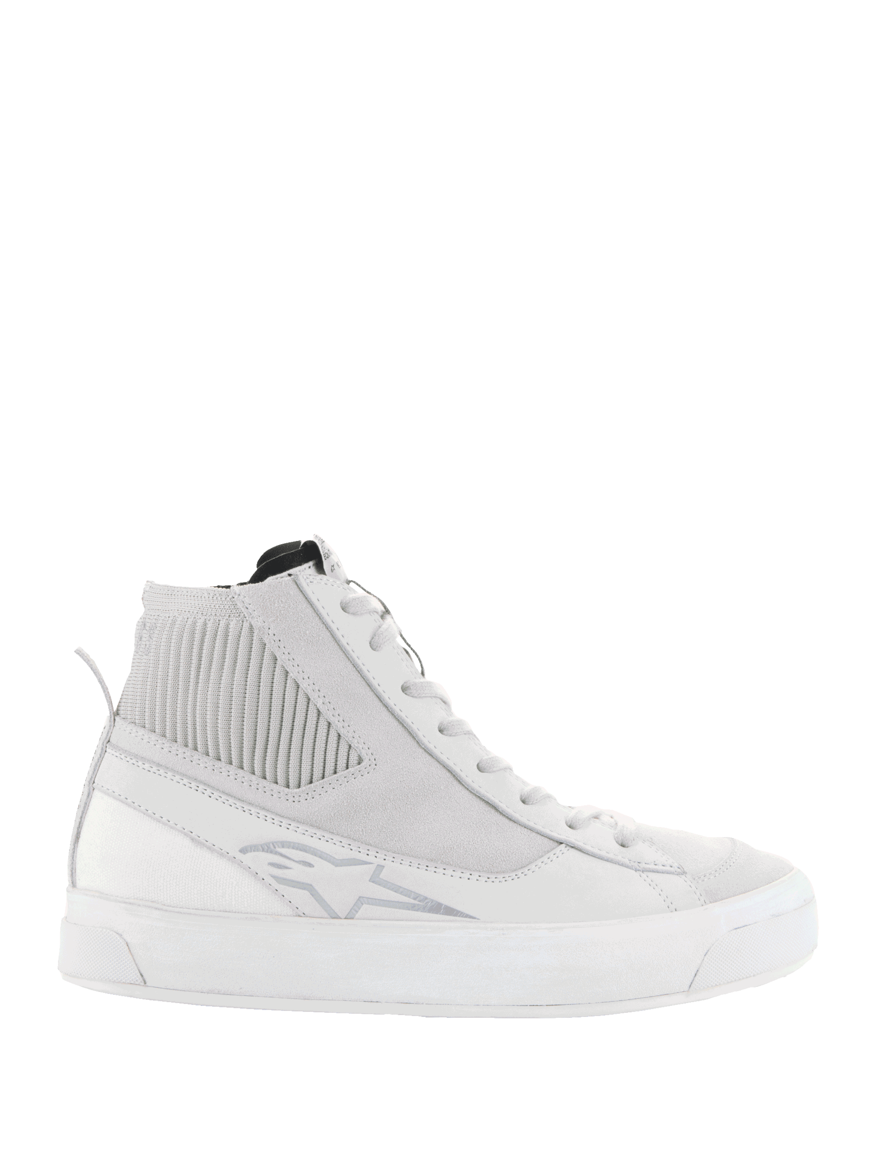 Alpinestars Stella Stated Podium Shoes, wysokie damskie sneakersy motocyklowe, biało-szare, gruba biała wulkanizowana podeszwa, żebrowany tekstylny panel na kostce, sznurowane zapięcie, subtelne logo, design inspirowany stylem retro skate
