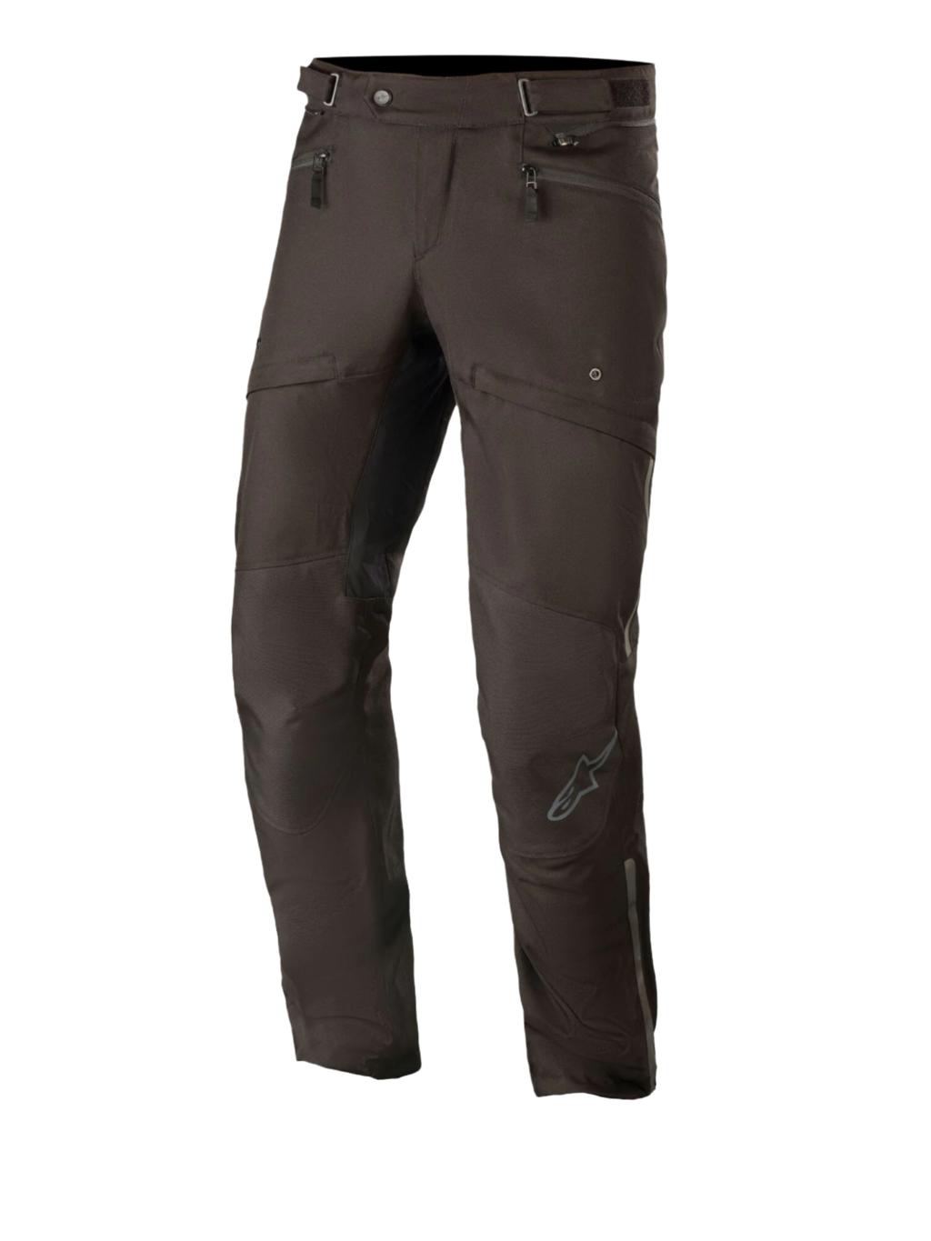 Alpinestars AST-1 V2 Waterproof Pants Long, czarne motocyklowe spodnie turystyczne, kieszenie na zamek, regulowany pas, wzmocnione kolana, szare logo na goleniu, wytrzymała konstrukcja tekstylna