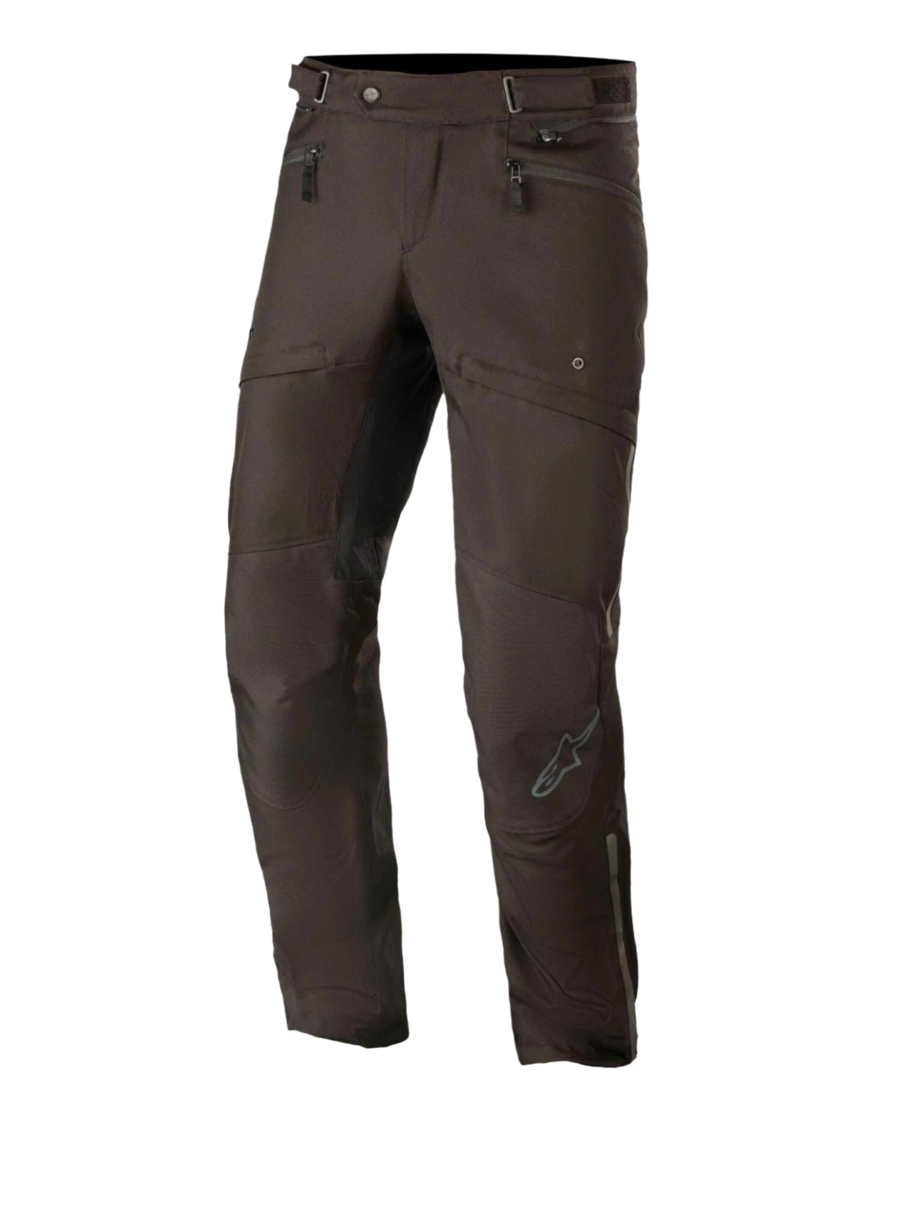 Alpinestars AST-1 V2 Waterproof Pants Long, czarne motocyklowe spodnie turystyczne, kieszenie na zamek, regulowany pas, wzmocnione kolana, szare logo na goleniu, wytrzymała konstrukcja tekstylna