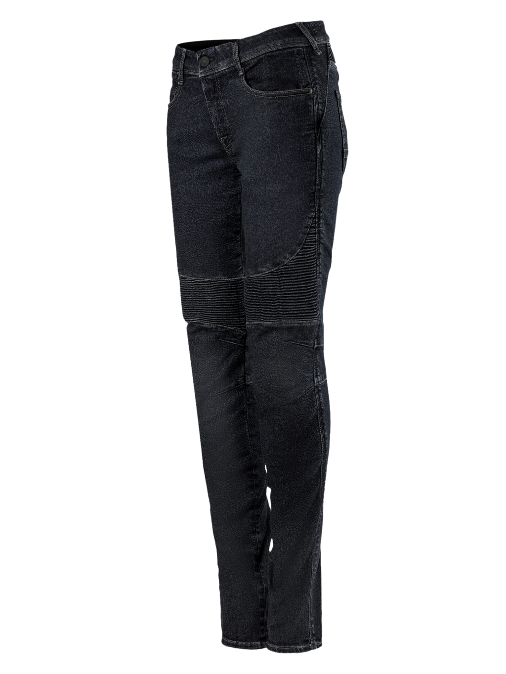 Alpinestars Stella Callie Denim, damskie spodnie motocyklowe, czarne woskowane, krój slim fit z prążkowanymi panelami harmonijkowymi nad kolanami, nowoczesny miejski design, widok z boku