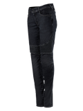 Alpinestars Stella Callie Denim, damskie spodnie motocyklowe, czarne woskowane, krój slim fit z prążkowanymi panelami harmonijkowymi nad kolanami, nowoczesny miejski design, widok z boku