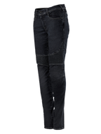 Alpinestars Stella Callie Denim, damskie spodnie motocyklowe, czarne woskowane, krój slim fit z prążkowanymi panelami harmonijkowymi nad kolanami, nowoczesny miejski design, widok z boku