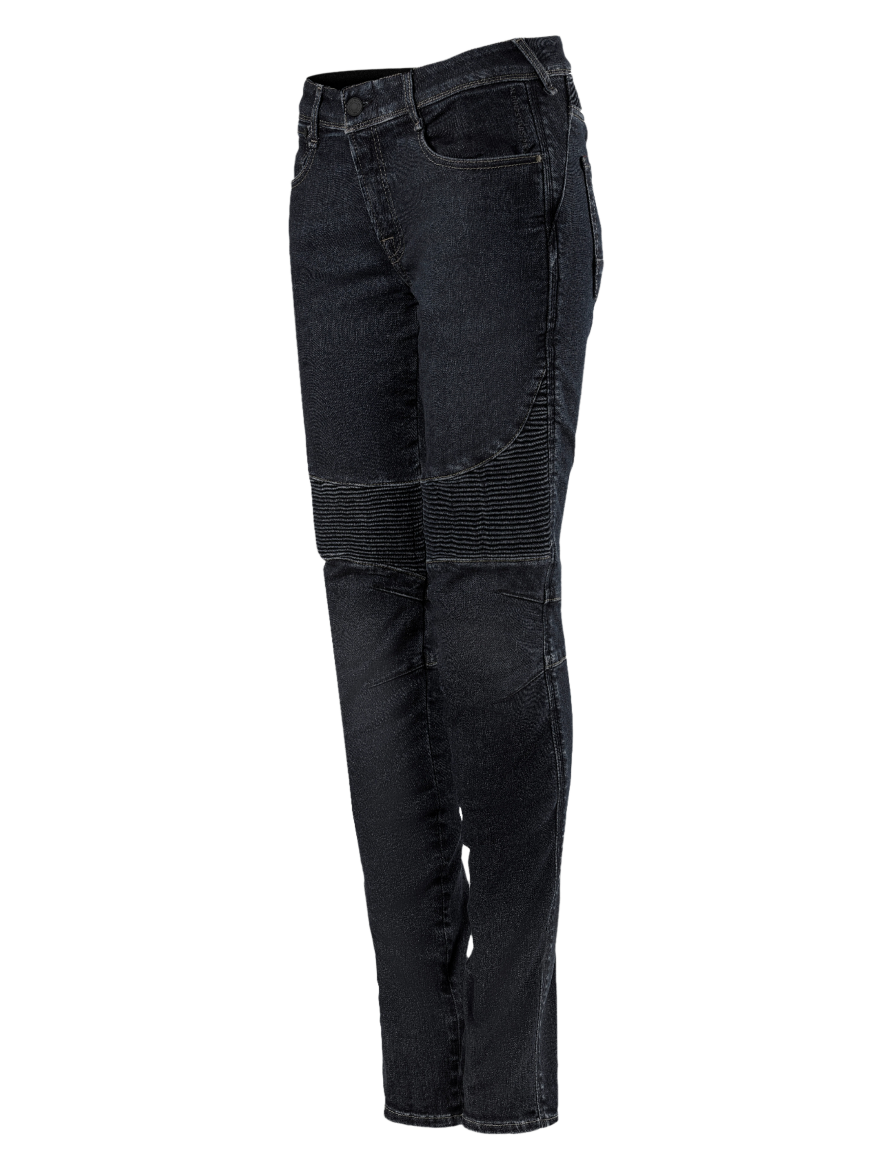 Alpinestars Stella Callie Denim, damskie spodnie motocyklowe, czarne woskowane, krój slim fit z prążkowanymi panelami harmonijkowymi nad kolanami, nowoczesny miejski design, widok z boku