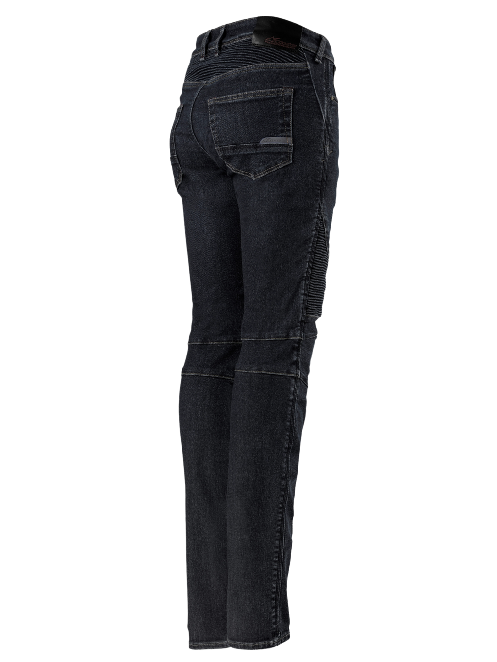 Alpinestars Stella Callie Denim, damskie spodnie motocyklowe, Black Waxed, widok z tyłu i z boku z elastycznymi panelami harmonijkowymi w pasie i na kolanach, krój slim fit z tylnymi kieszeniami i naszywką z logo