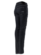 Alpinestars Stella Callie Denim, damskie spodnie motocyklowe, Black Waxed, widok z tyłu i z boku z elastycznymi panelami harmonijkowymi w pasie i na kolanach, krój slim fit z tylnymi kieszeniami i naszywką z logo