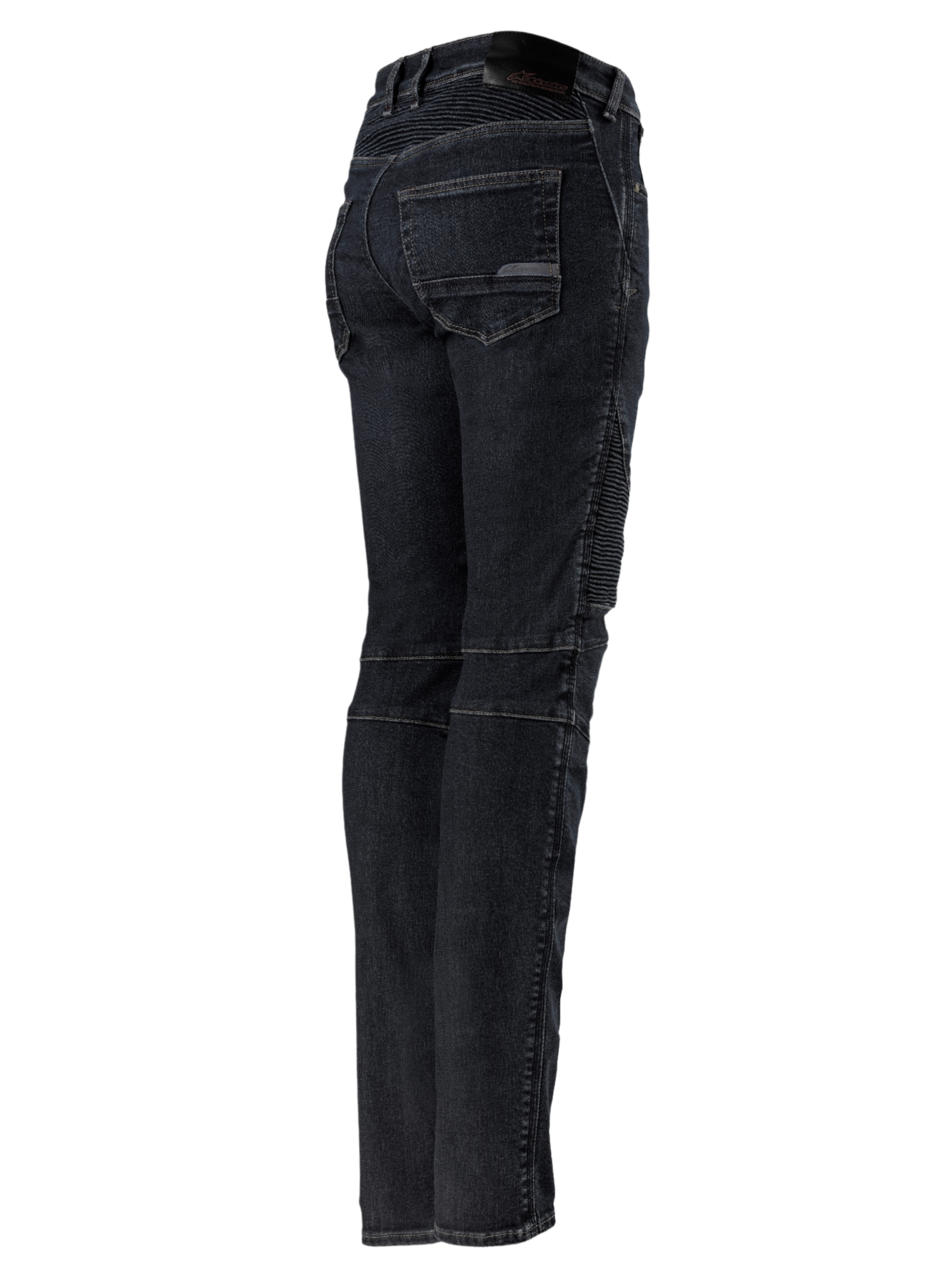Alpinestars Stella Callie Denim, damskie spodnie motocyklowe, Black Waxed, widok z tyłu i z boku z elastycznymi panelami harmonijkowymi w pasie i na kolanach, krój slim fit z tylnymi kieszeniami i naszywką z logo