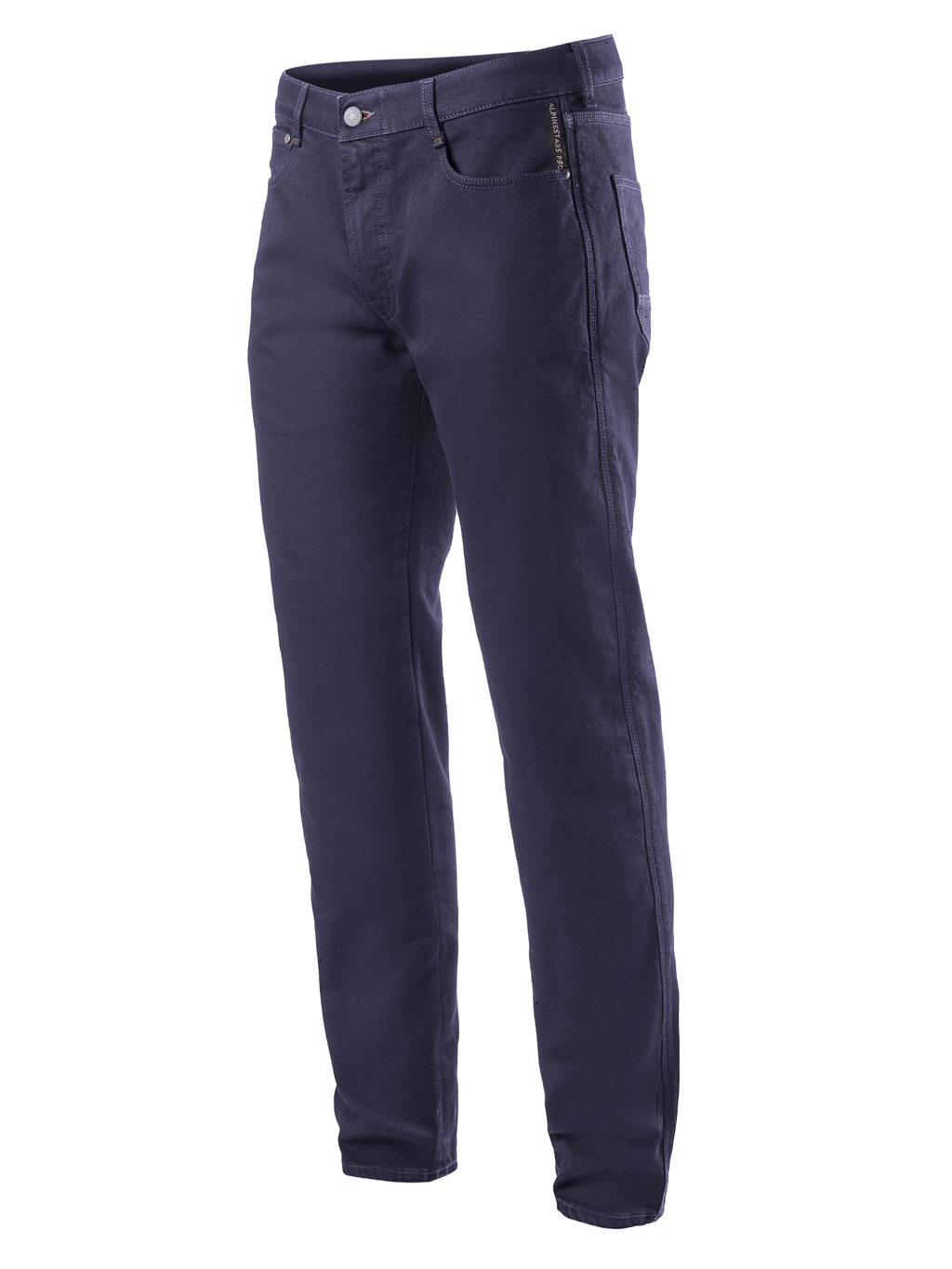 Alpinestars Copper V2 Denim Pants Short Length, spodnie motocyklowe jeansowe, kolor granatowy (Rinse Blue), klasyczny krój z prostymi nogawkami, zapięcie na guzik i zamek, przednie kieszenie z kieszonką na monety, szlufki na pasek, wytrzymała dżinsowa konstrukcja