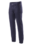 Alpinestars Copper V2 Denim Pants Short Length, spodnie motocyklowe jeansowe, kolor granatowy (Rinse Blue), klasyczny krój z prostymi nogawkami, zapięcie na guzik i zamek, przednie kieszenie z kieszonką na monety, szlufki na pasek, wytrzymała dżinsowa konstrukcja