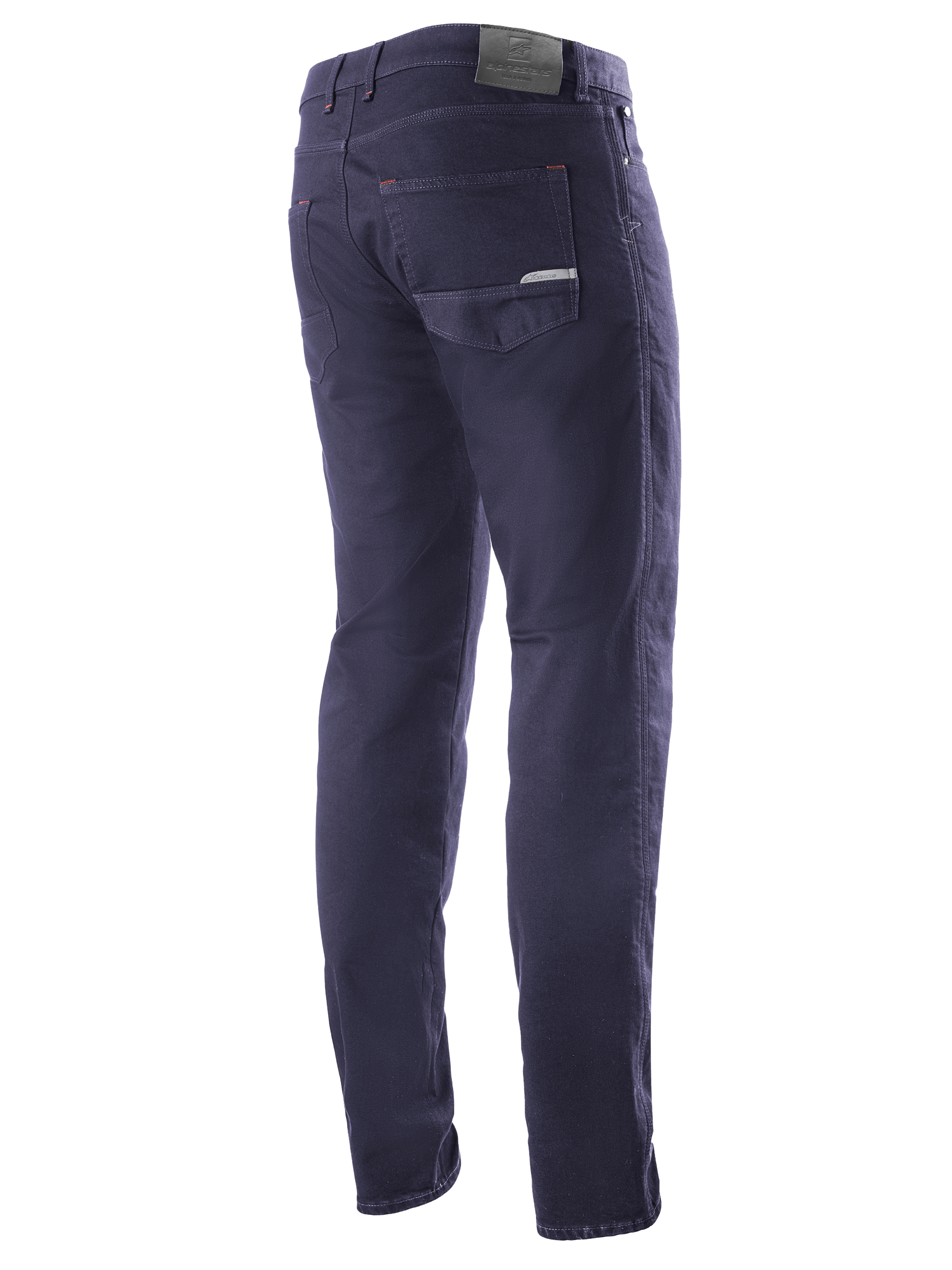 Alpinestars Copper V2 Denim Pants Short Length, Rinse Blue, widok z tyłu pod kątem trzech czwartych, widoczne tylne kieszenie i skórzana naszywka w pasie, miejskie jeansy motocyklowe o klasycznym dżinsowym wyglądzie