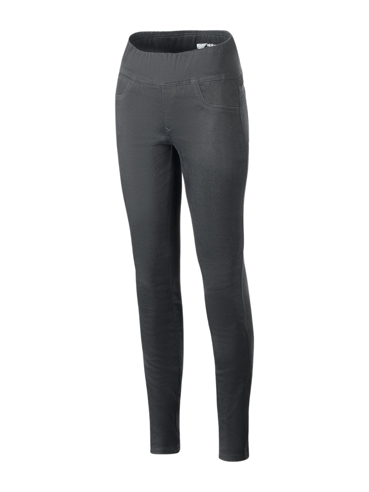Alpinestars Shuri Women Leggings Summer, czarne damskie legginsy motocyklowe z wysokim stanem, szeroki elastyczny pas, elastyczny bawełniany denim, ozdobne przeszycia imitujące przednie kieszenie, dopasowany krój w miejskim stylu