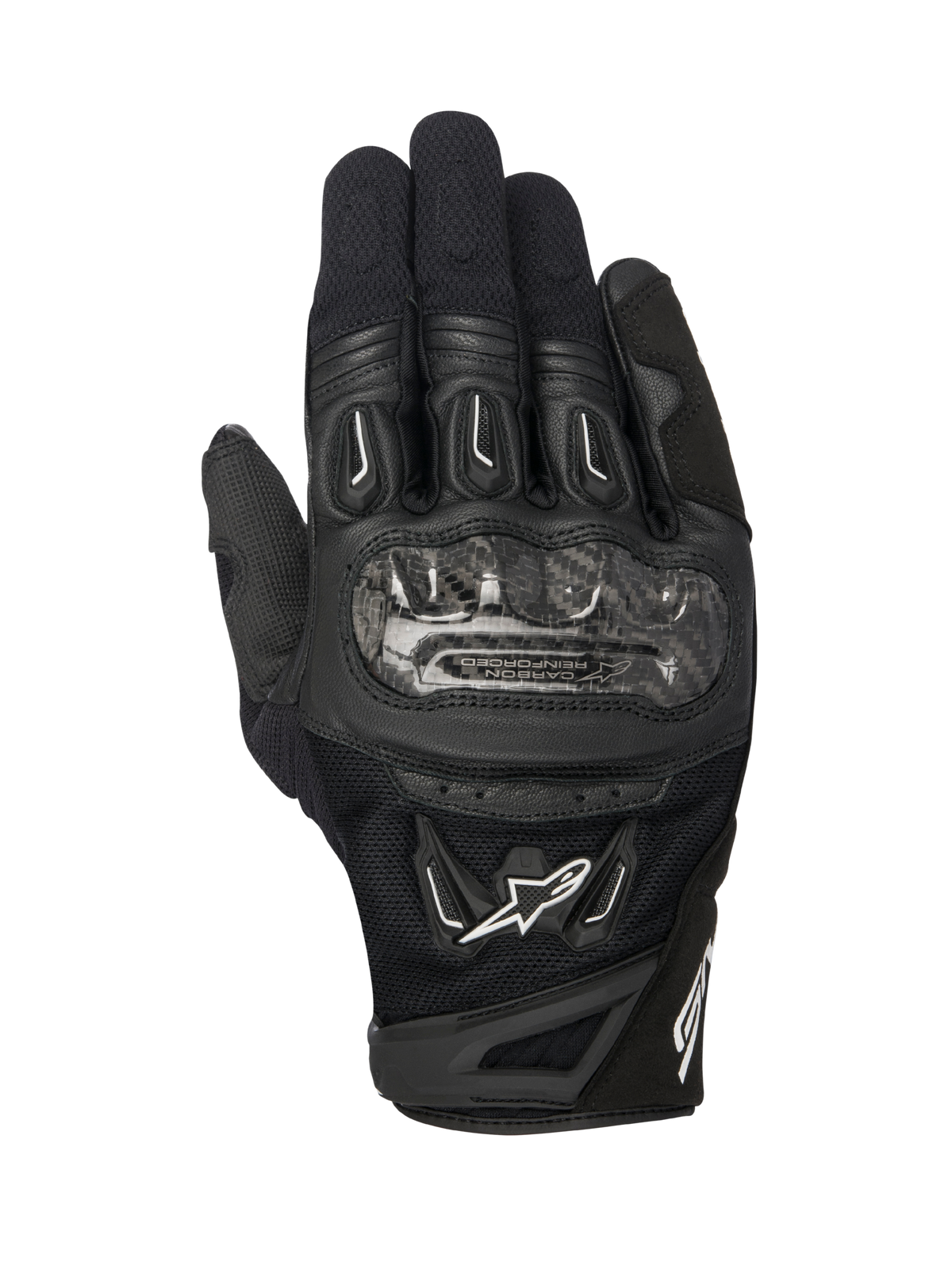 Alpinestars SMX-2 Air Carbon V2 Gloves, Black motorcycle gloves, top view showing carbon fiber knuckle guards, breathable 3D mesh and leather panels, white Alpinestars logo, and short-cuff design