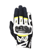 Rękawice Alpinestars SMX-2 Air Carbon V2, rękawice motocyklowe, czarno-białe z żółtym fluo, wyposażone w ochraniacze kostek z włókna węglowego, konstrukcja ze skóry i siatki 3D, sportowy model szosowy z fluorescencyjnymi akcentami