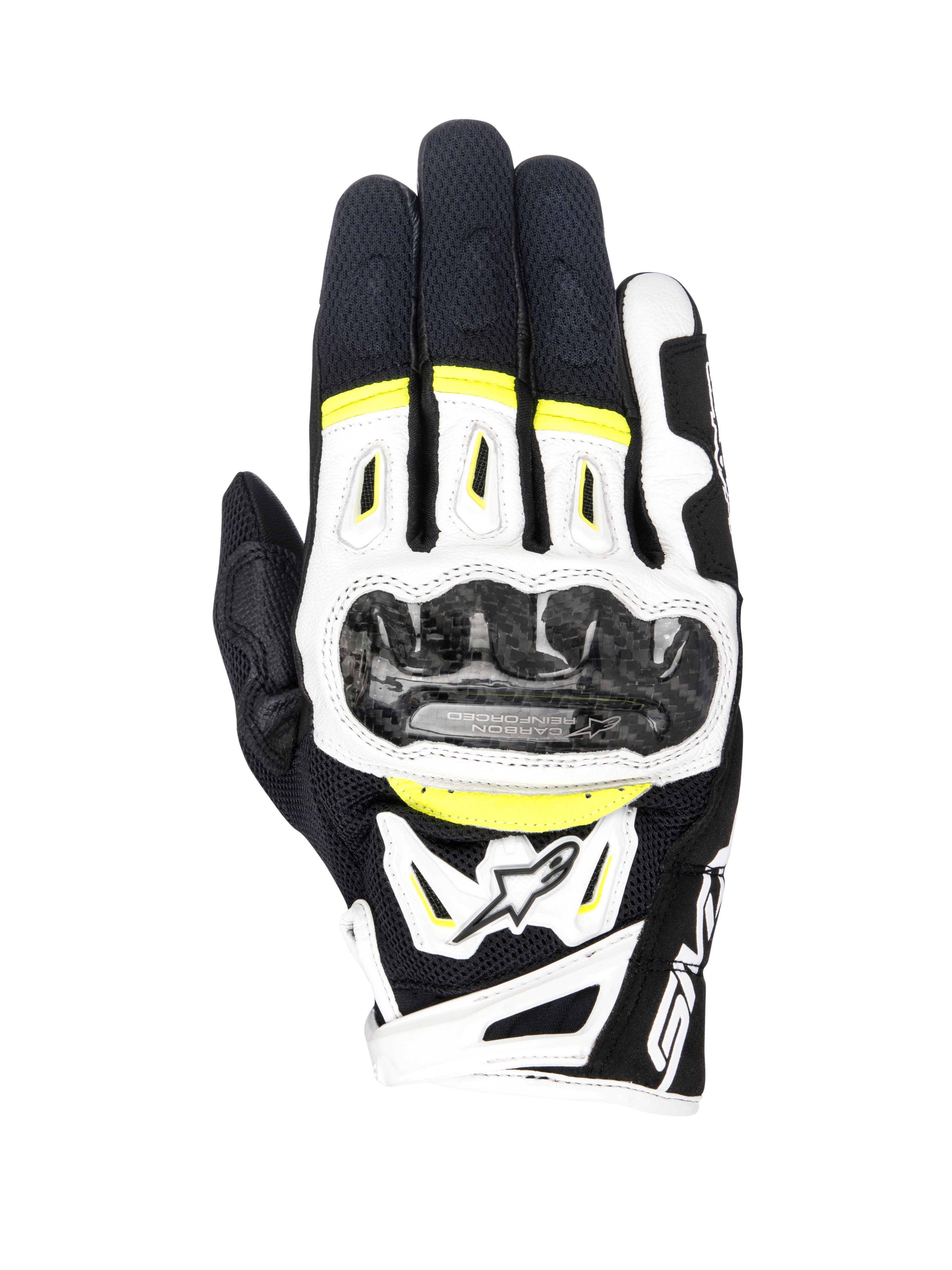 Rękawice Alpinestars SMX-2 Air Carbon V2, rękawice motocyklowe, czarno-białe z żółtym fluo, wyposażone w ochraniacze kostek z włókna węglowego, konstrukcja ze skóry i siatki 3D, sportowy model szosowy z fluorescencyjnymi akcentami