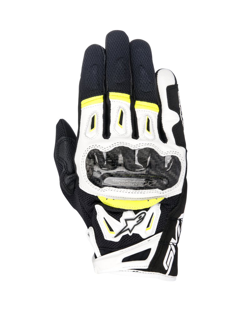 Rękawice Alpinestars SMX-2 Air Carbon V2, rękawice motocyklowe, czarno-białe z żółtym fluo, wyposażone w ochraniacze kostek z włókna węglowego, konstrukcja ze skóry i siatki 3D, sportowy model szosowy z fluorescencyjnymi akcentami