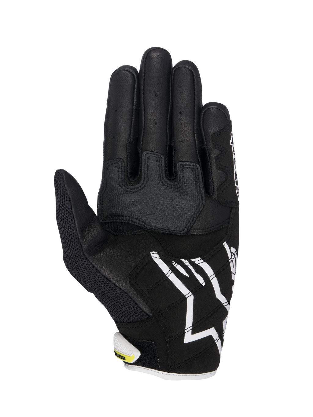 Rękawice Alpinestars SMX-2 Air Carbon V2, rękawice motocyklowe, czarno-białe z fluorescencyjnymi żółtymi akcentami, widok od strony dłoni ukazujący konstrukcję ze skóry i siatki 3D, wzmocnione panele chwytne, białe logo Alpinestars na mankiecie