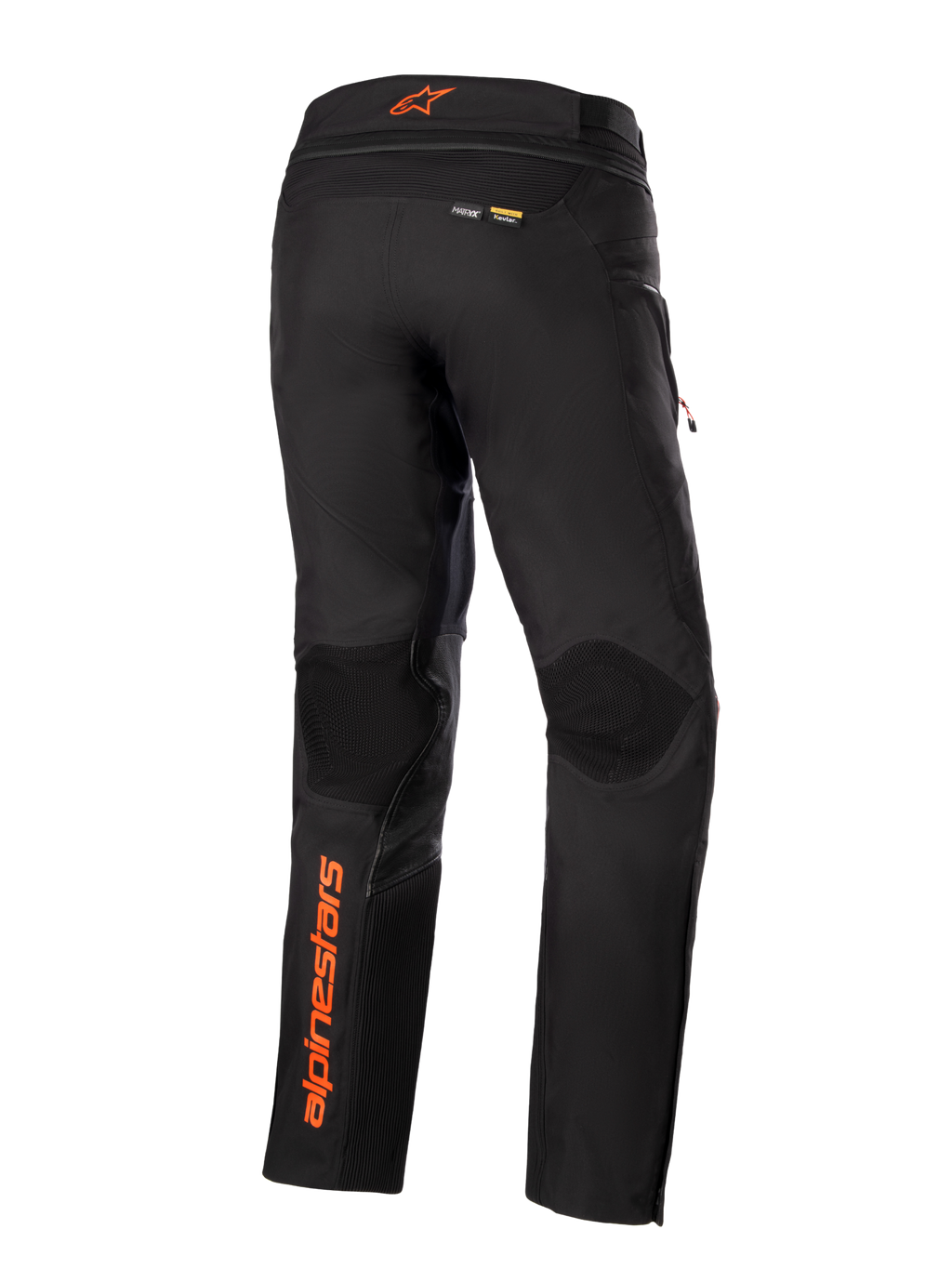 Spodnie Alpinestars AMT-10R Drystar® XF, czarne z pomarańczowymi akcentami, widok z tyłu ukazujący pionowe pomarańczowe logo Alpinestars na lewej nogawce, teksturowane panele na kolanach oraz branding Kevlar i Matryx, techniczne motocyklowe spodnie adventure touring