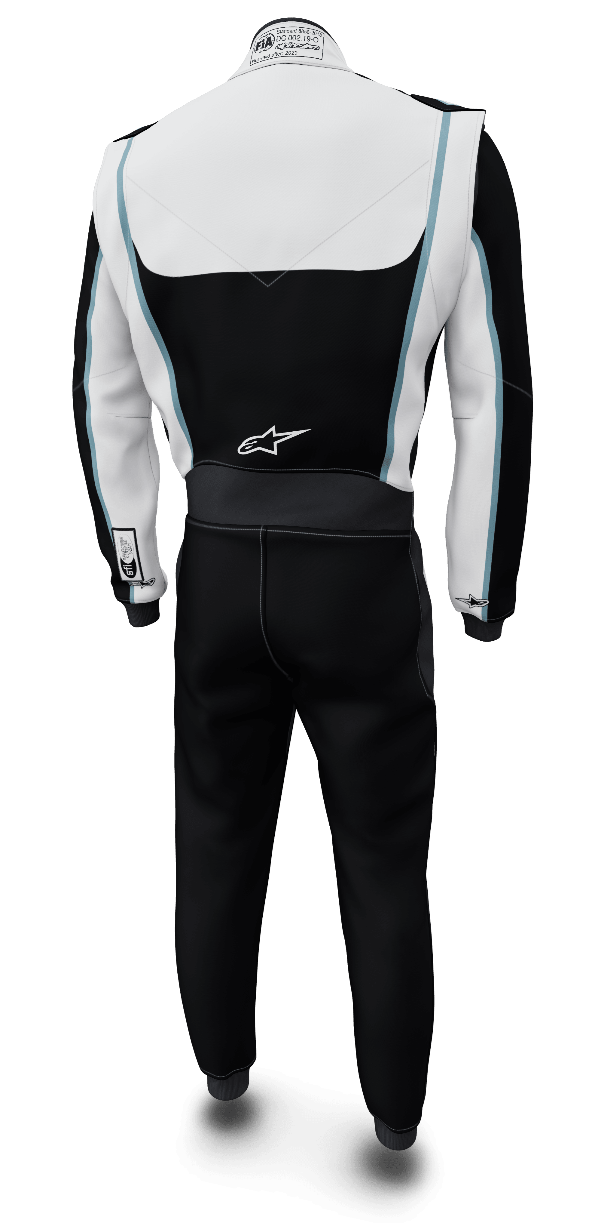 Alpinestars Tech Vision V3 Szyty na Miary, czarno-biały samochodowy kombinezon wyścigowy, Nomex, certyfikat FIA i SFI, tył.