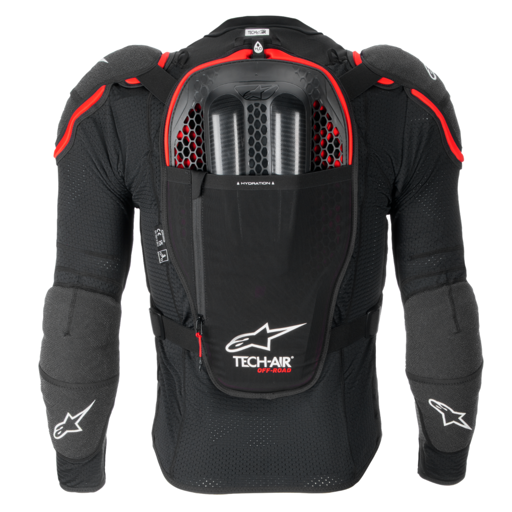 Czarno-czerwona motocyklowa poduszka powietrzna Tech-Air® Off-Road, tył z ochroną Nucleon CELL i kieszenią hydracyjną.