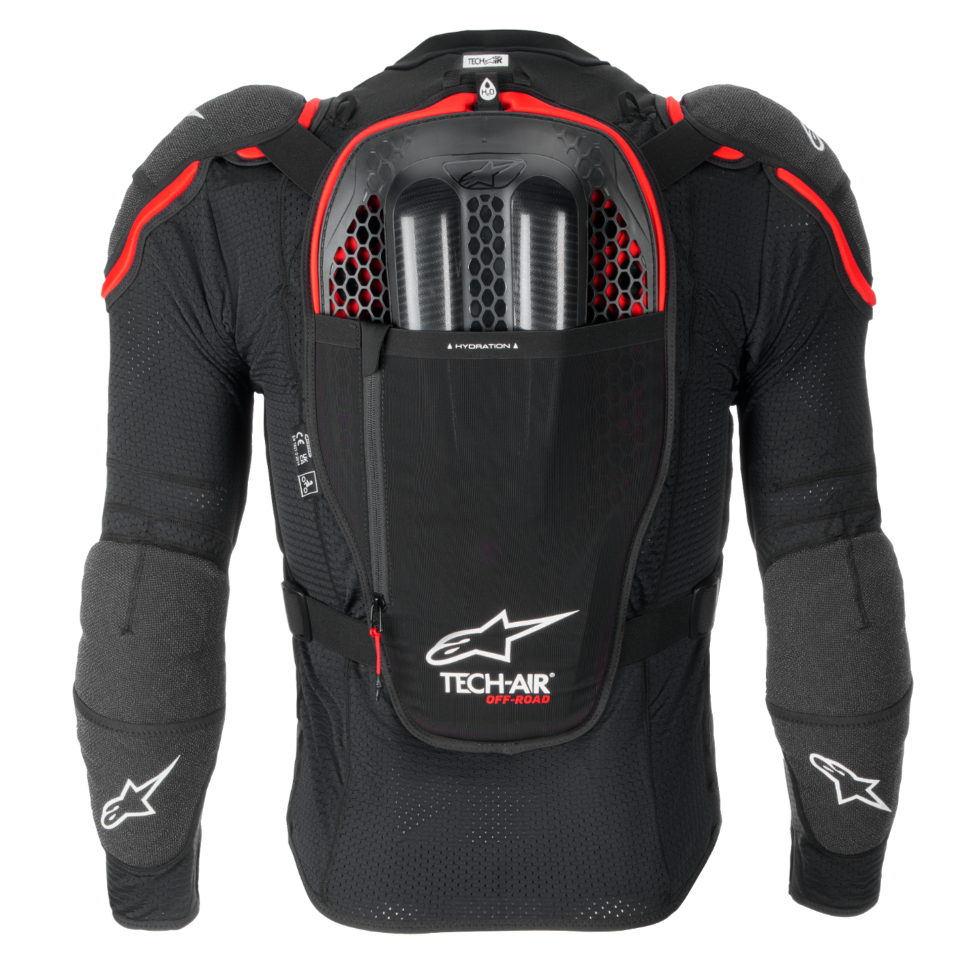 Czarno-czerwona motocyklowa poduszka powietrzna Tech-Air® Off-Road, tył z ochroną Nucleon CELL i kieszenią hydracyjną.