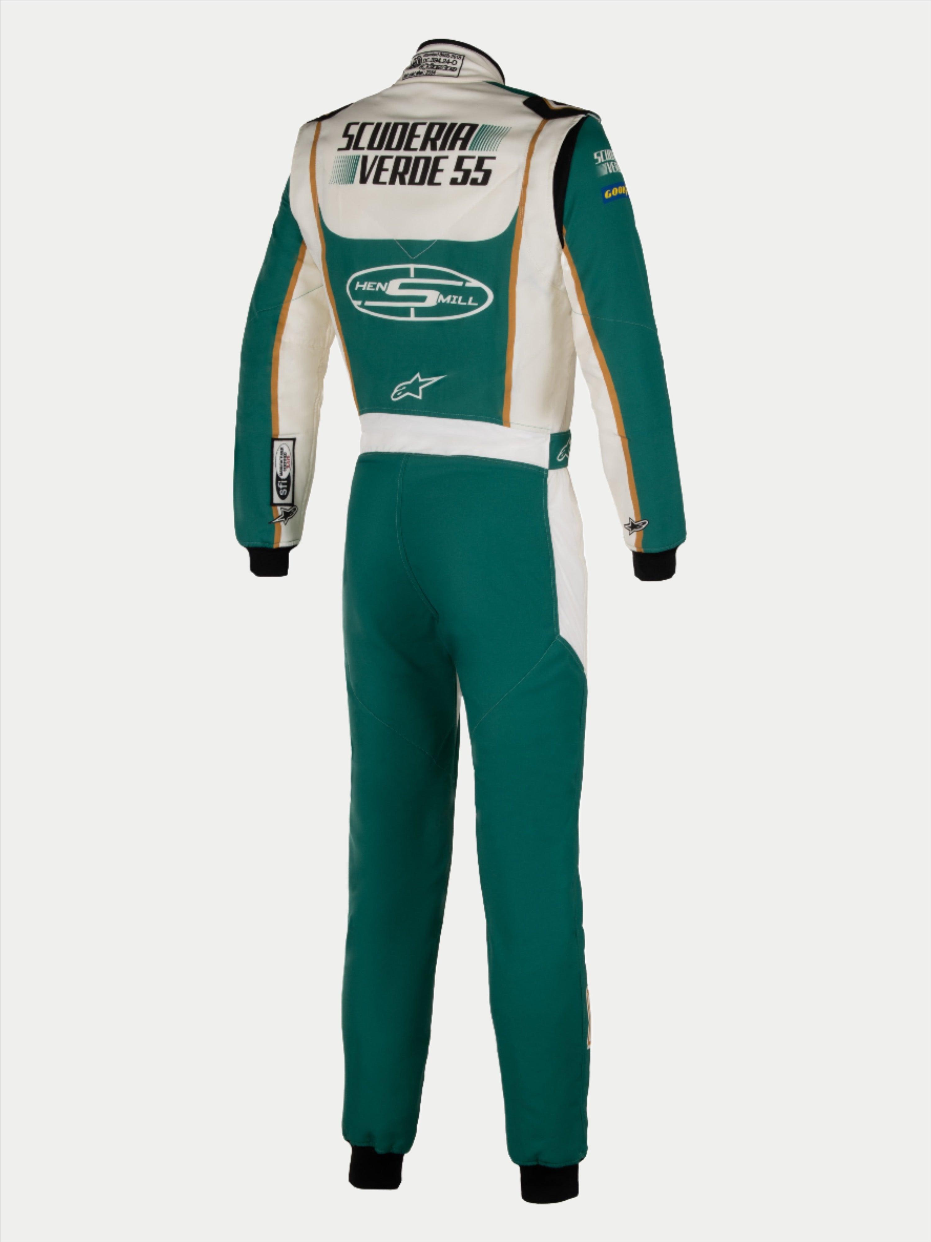 Alpinestars Tech Vision V3 Custom Z Dostosowaną Długością, morsko-biały kombinezon FIA, Nomex, widok z tyłu.