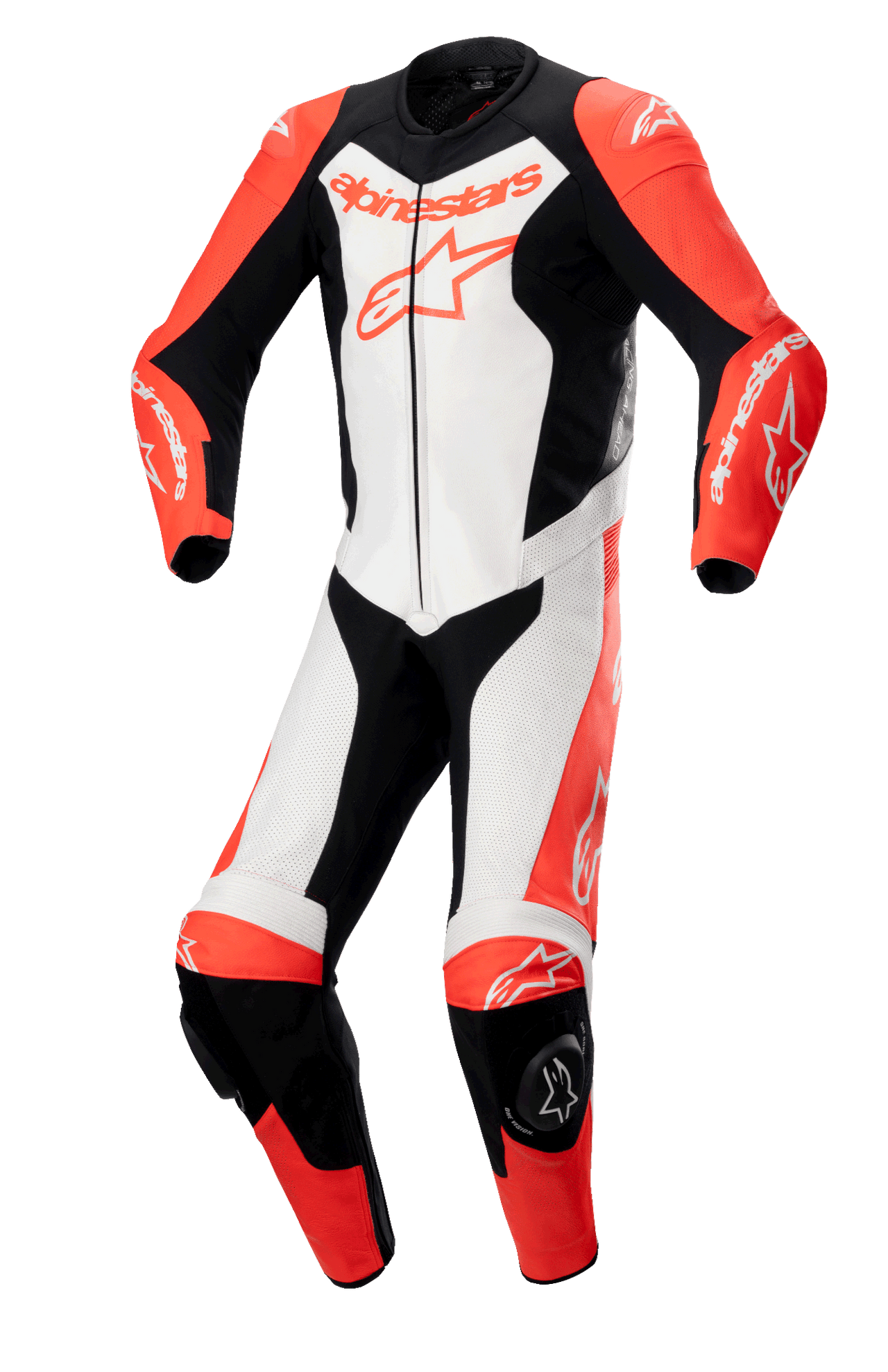 Alpinestars GP Force Lurv 1-Piece Leather Suit, profesjonalny wyścigowy kombinezon motocyklowy, czerwony fluo, biały i czarny, wykonany z wysokiej jakości skóry bydlęcej z perforowanymi panelami, ochraniaczami ramion DFS Lite, sliderami kolan i wyraźnym brandingiem Alpinestars.