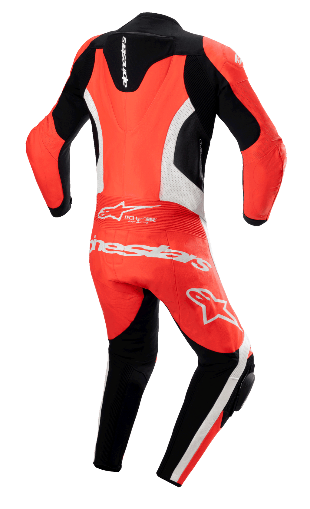 Alpinestars GP Force Lurv 1-Piece Leather Suit, czerwony fluo, biały i czarny, widok z tyłu z aerodynamicznym garbem, białe perforowane panele skórzane, wyraźne białe logo Alpinestars na dolnej części pleców, profesjonalny wyścigowy kombinezon motocyklowy z elastycznymi panelami akordeonowymi