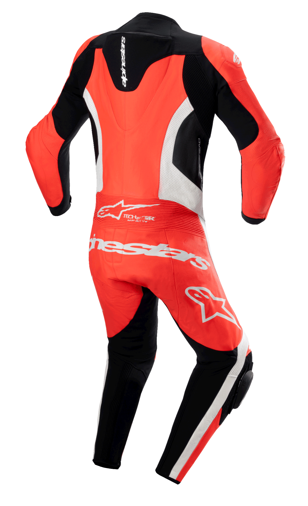 Alpinestars GP Force Lurv 1-Piece Leather Suit, czerwony fluo, biały i czarny, widok z tyłu z aerodynamicznym garbem, białe perforowane panele skórzane, wyraźne białe logo Alpinestars na dolnej części pleców, profesjonalny wyścigowy kombinezon motocyklowy z elastycznymi panelami akordeonowymi