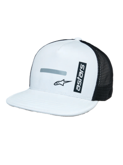 Alpinestars Alter Trucker Hat, White and Black, structured white crown and flat bill, black mesh back panels, vertical 'astars' branding and reflective logo print, casual motorsport-inspired headwear