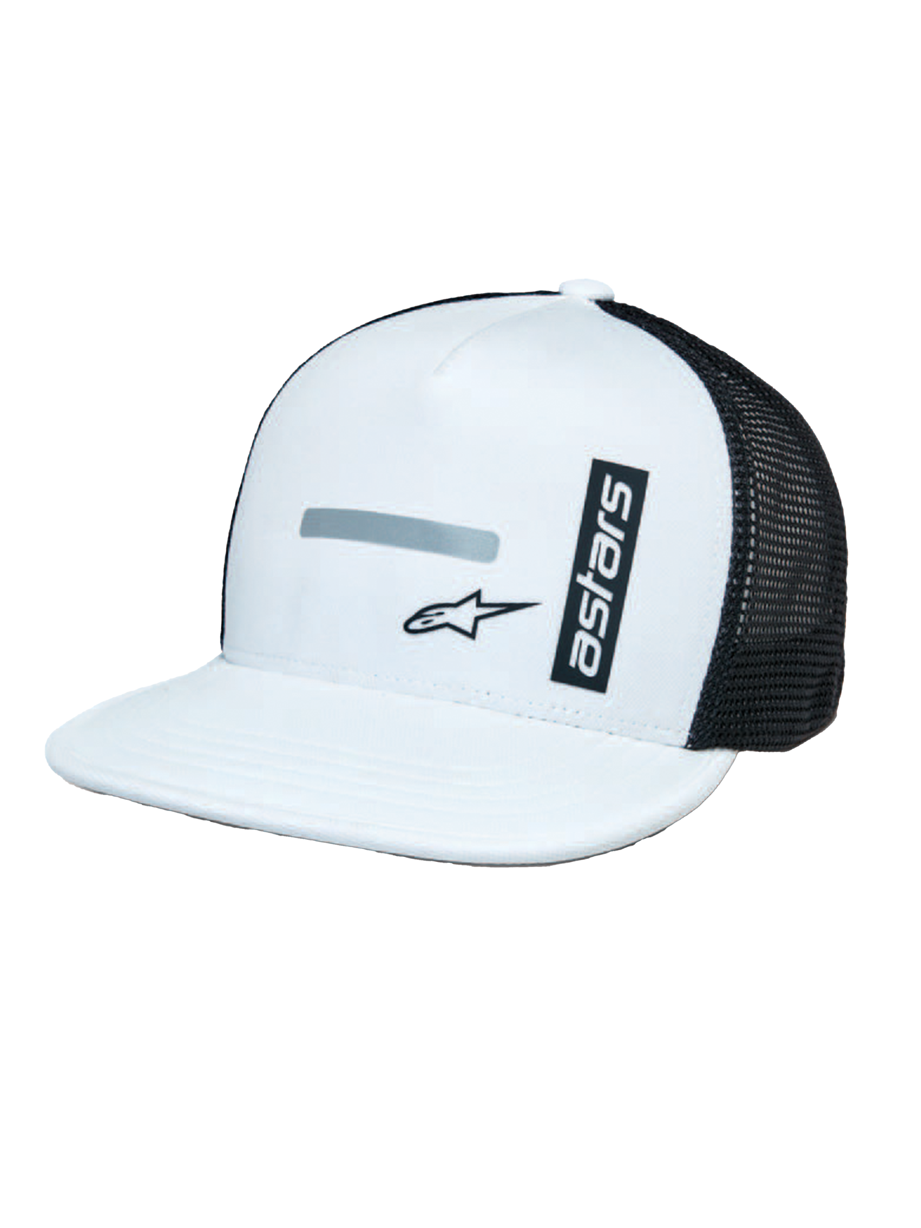 Alpinestars Alter Trucker Hat, biało-czarna, wzmocniona biała korona i płaski daszek, czarne panele z siateczki z tyłu, pionowe logo „astars” i odblaskowy nadruk, codzienne nakrycie głowy inspirowane motorsportem