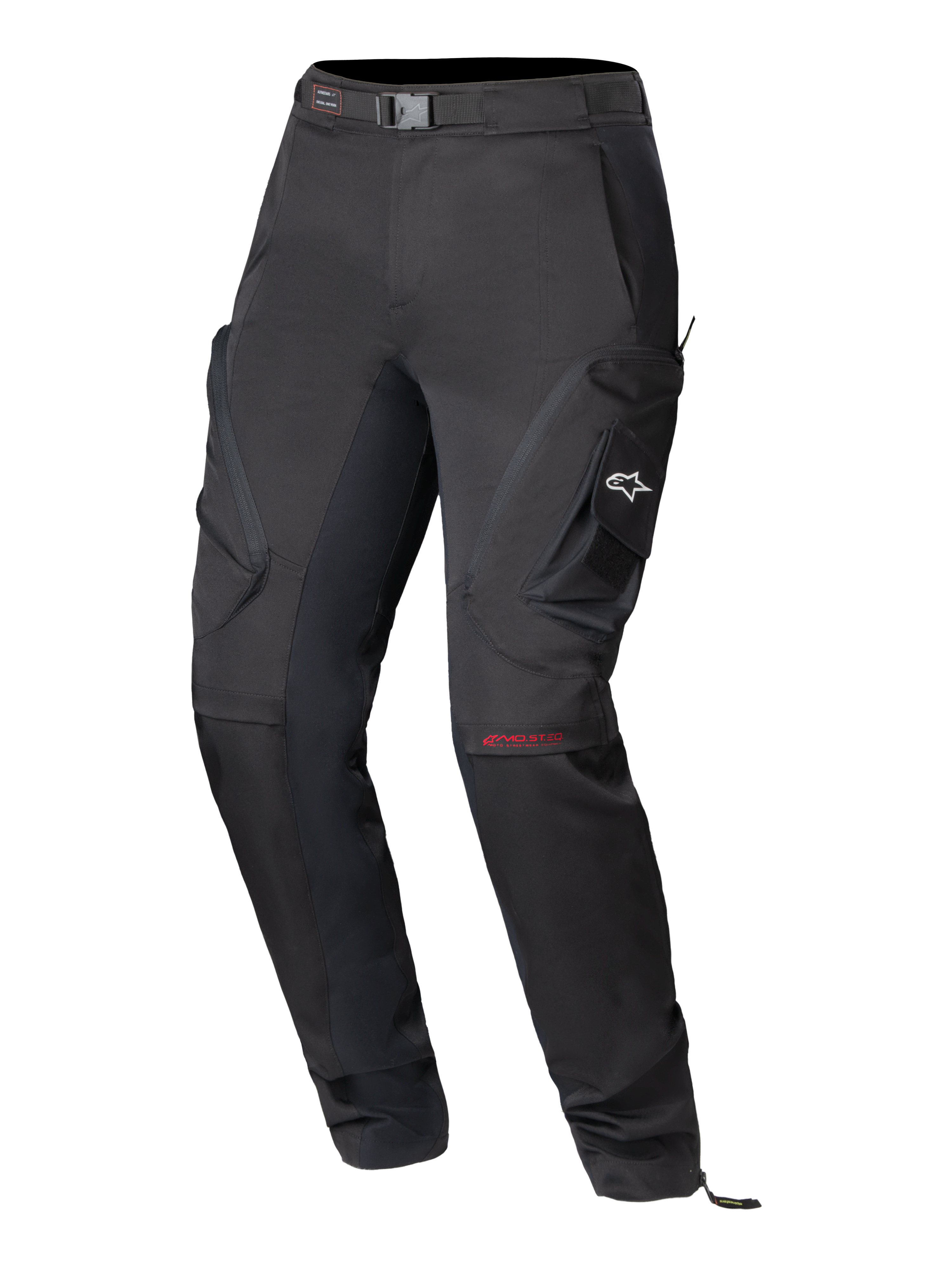 Alpinestars Actea Women's Pants, czarne spodnie motocyklowe, techniczny design szosowy z bocznymi kieszeniami cargo i białym logo A-star, czerwone logo MO.ST.EQ na kolanie, zintegrowany pasek w talii, nowoczesny zwężany krój.