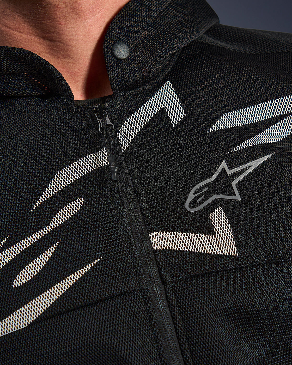 Alpinestars Chrome Superairflow Hoodie, Black and White 3D mesh motorcycle sweatshirt with logo and zipper detail.