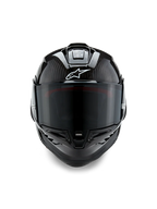 Alpinestars Supertech R10 Solid Helmet, Black Carbon racing helmet with aerodynamic carbon fiber shell and FIM certification.