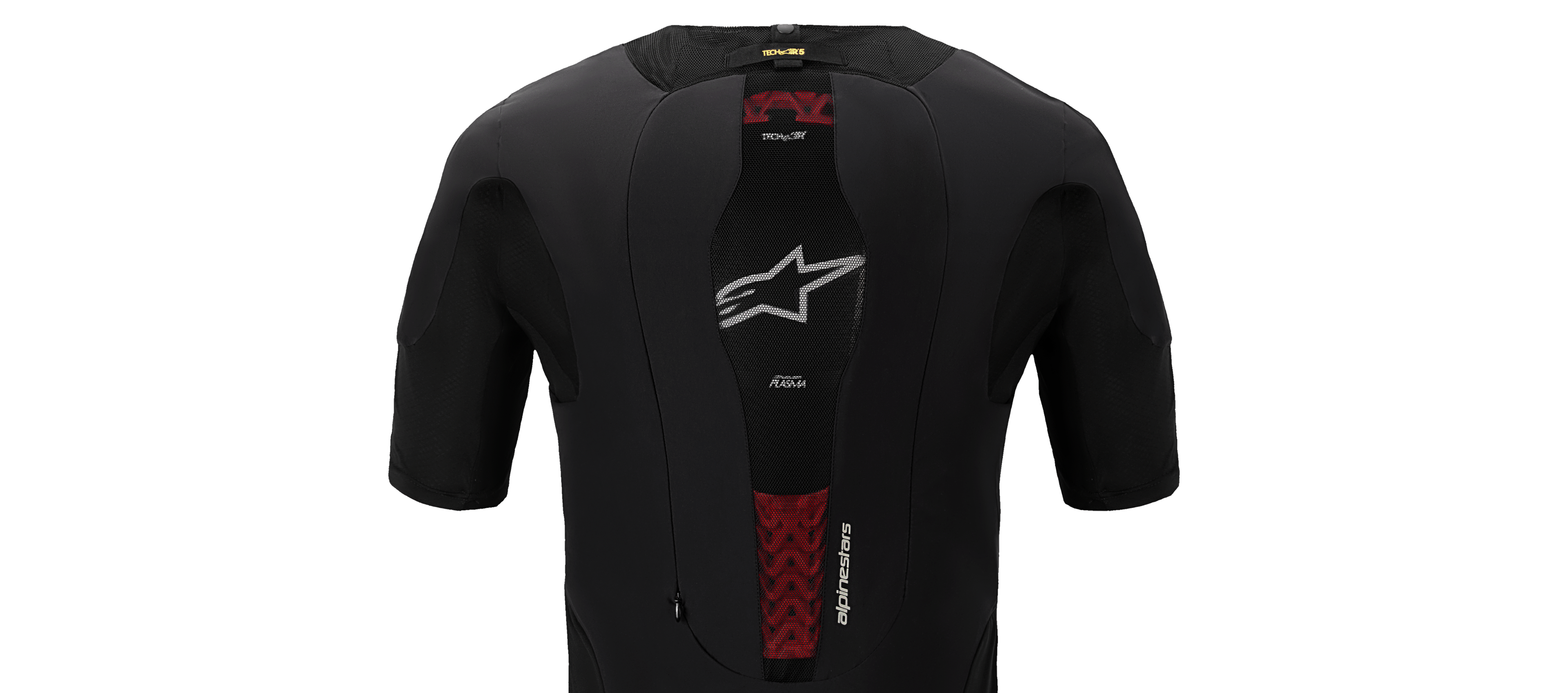 Alpinestars Tech-Air 5 Plasma Airbag System, motorcycle racing protection vest, black and red, featuring a breathable mesh back panel and white star logo.