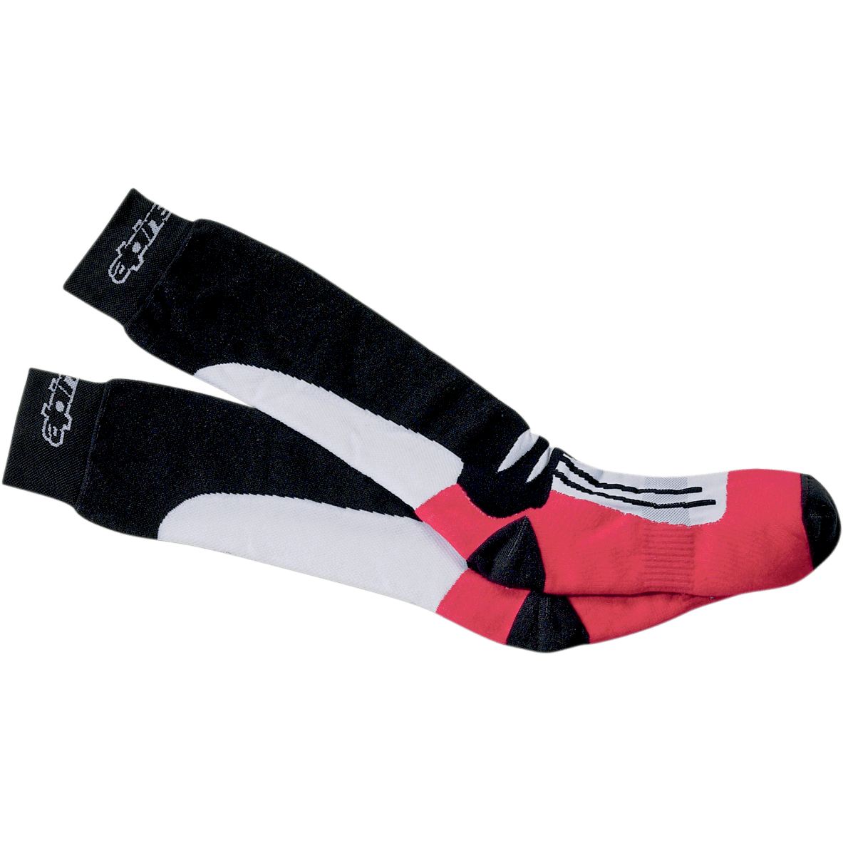 Alpinestars Road Racing Summer Socks, para letnich motocyklowych skarpet wyścigowych o długości do połowy łydki, czarno-biało-czerwone, czarne ściągacze z białym logo, biała środkowa część z grafiką i czerwona stopa, oddychająca sportowa konstrukcja