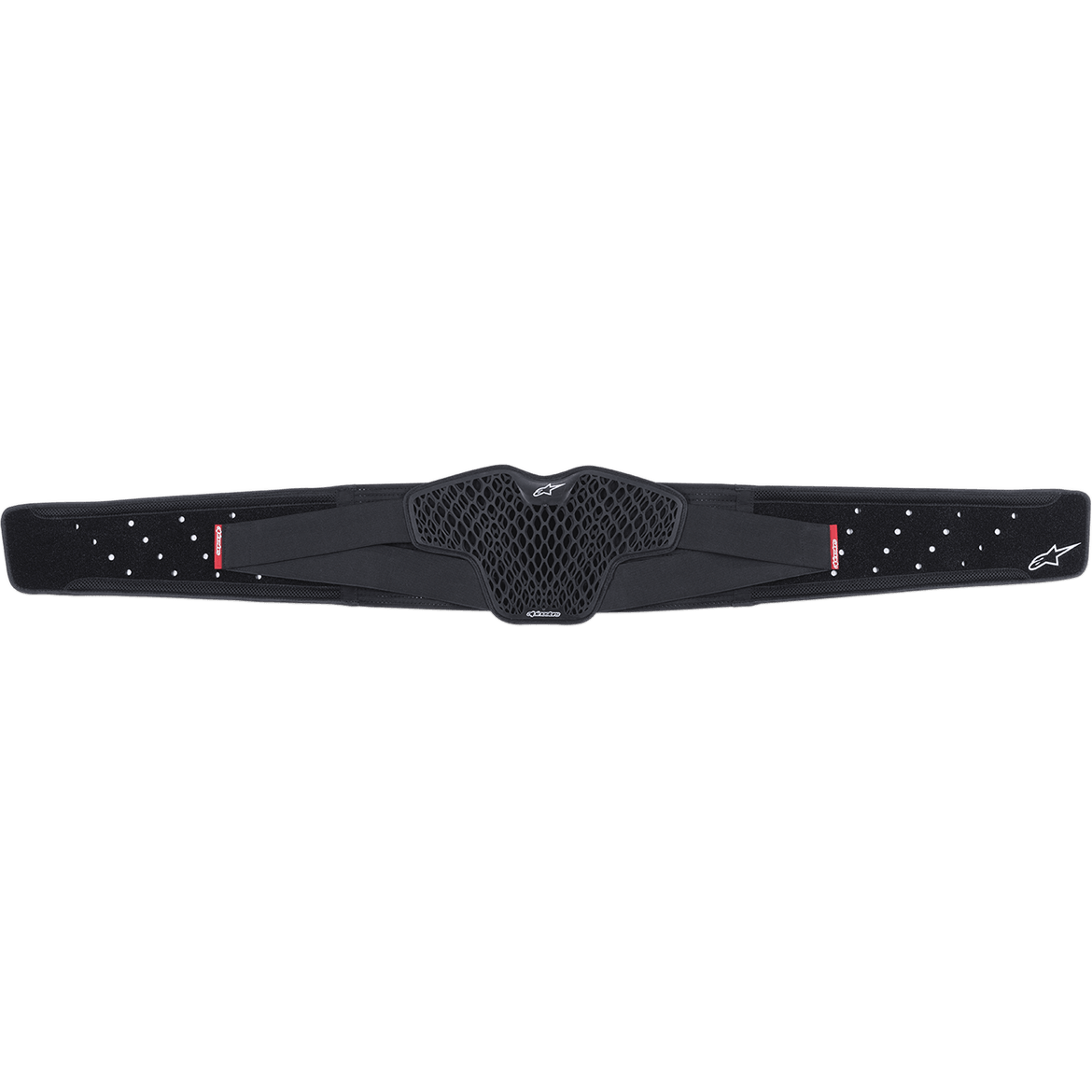 Alpinestars Sequence Kidney Belt, czarny pas nerkowy motocyklowy, centralna heksagonalna struktura TPR, perforowane paski z czerwonymi detalami i białym logo, ergonomiczne wsparcie lędźwiowe do jazdy off-road i motocrossowej
