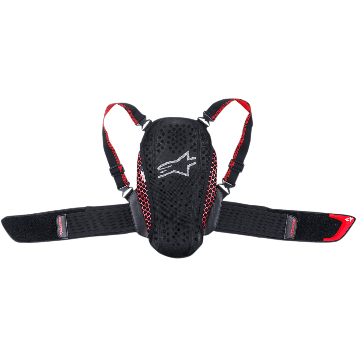 Alpinestars Youth Nucleon Kr-Y Back Protector, czarno-czerwony, ergonomiczna perforowana płyta z białym logo, czerwone siateczkowe akcenty boczne, regulowane szelki i szeroki elastyczny pas nerkowy, sprzęt ochronny dla młodych motocyklistów