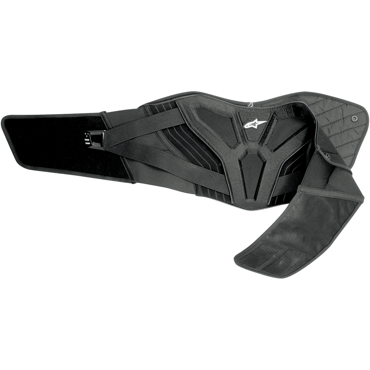 Alpinestars Touring Belt, czarny motocyklowy pas lędźwiowy, ergonomiczne wsparcie dolnej części pleców, pikowana podszewka termiczna, panele z siatki dla wentylacji, podwójny elastyczny pas z białym logo Astars, odzież ochronna do jazdy szosowej i adventure