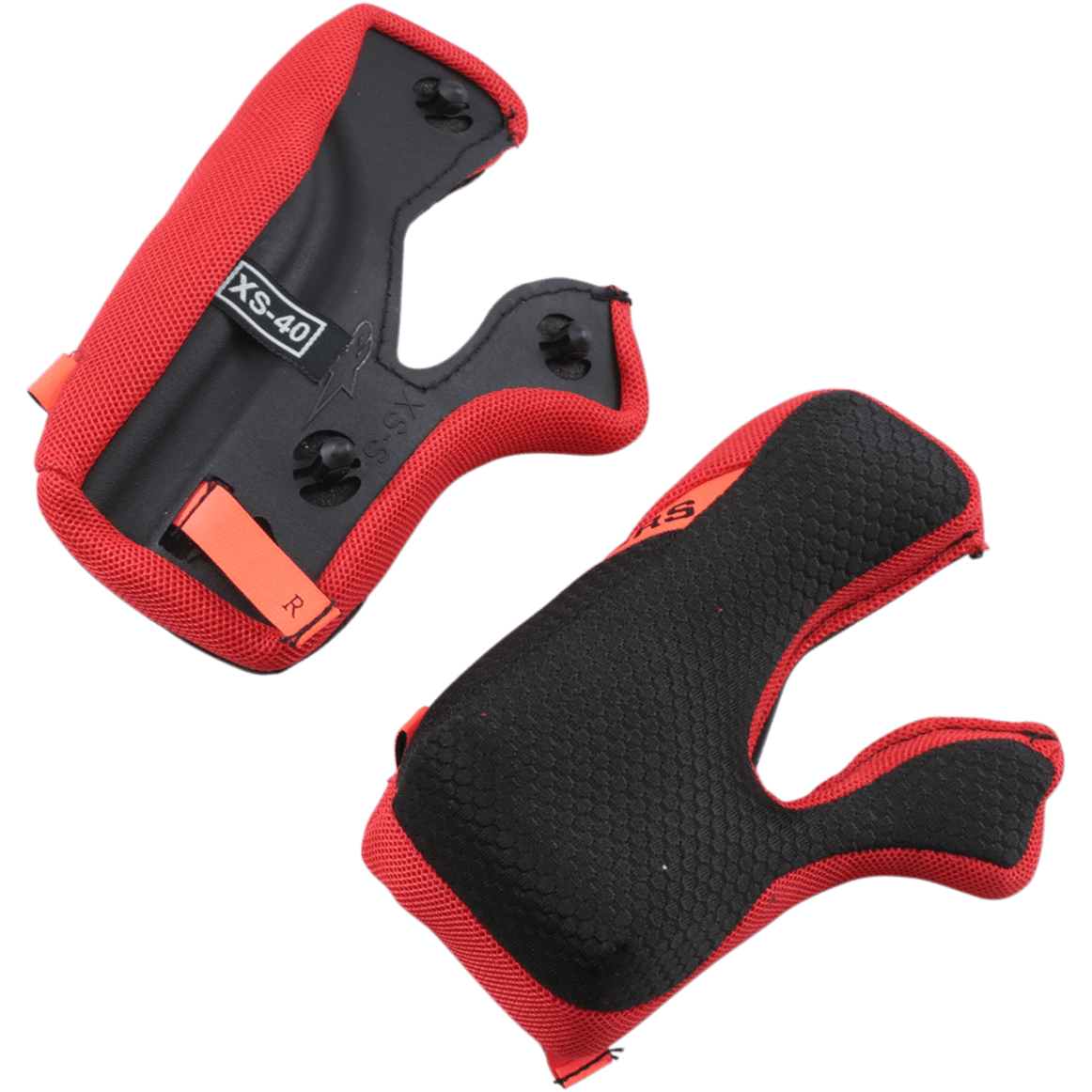Alpinestars Supertech M10/M8 Cheek Pads +5mm, wymienna wyściółka do kasku motocyklowego, czerwono-czarna, z teksturowaną powierzchnią o strukturze plastra miodu, czarny spód z pomarańczowymi uchwytami awaryjnymi, oznaczenie rozmiaru XS-40