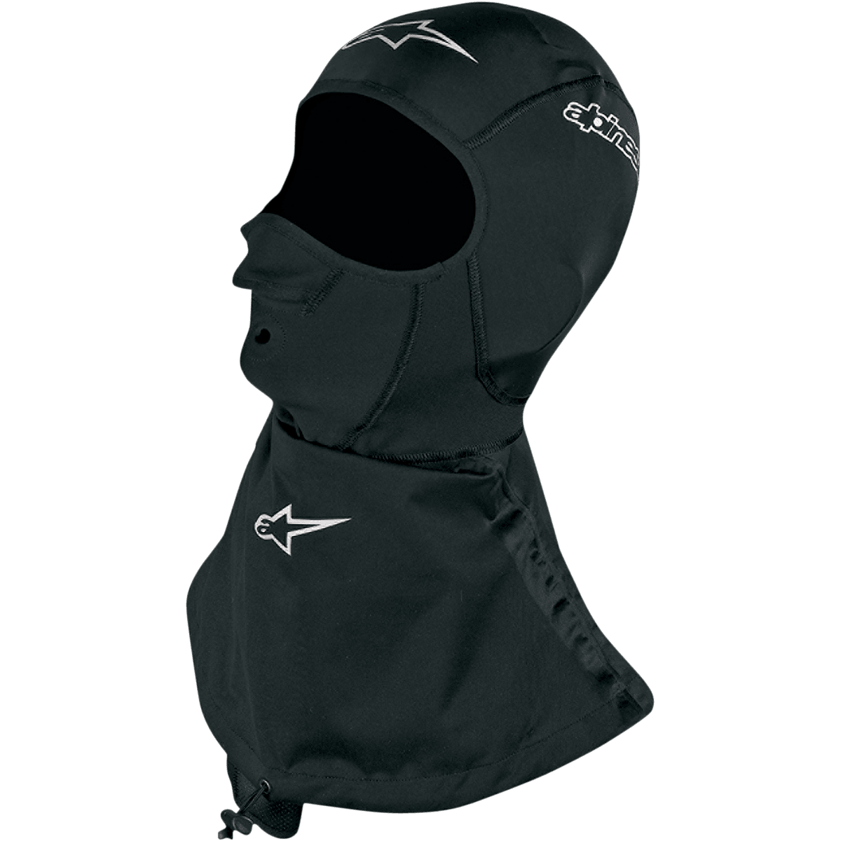Kominiarka Alpinestars Winter Touring, czarna z białym logo, wodoodporny kołnierz i oddychający panel na nos.