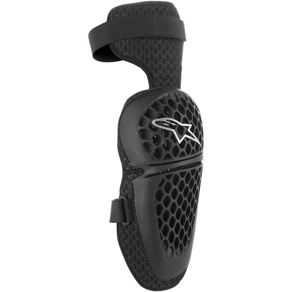 Alpinestars Youth Bionic Plus Knee Protectors, Black, Motocross and Off-road Protection, honeycomb pattern shell with white star logo, adjustable dual-strap closure, 3D mesh backing for ventilation