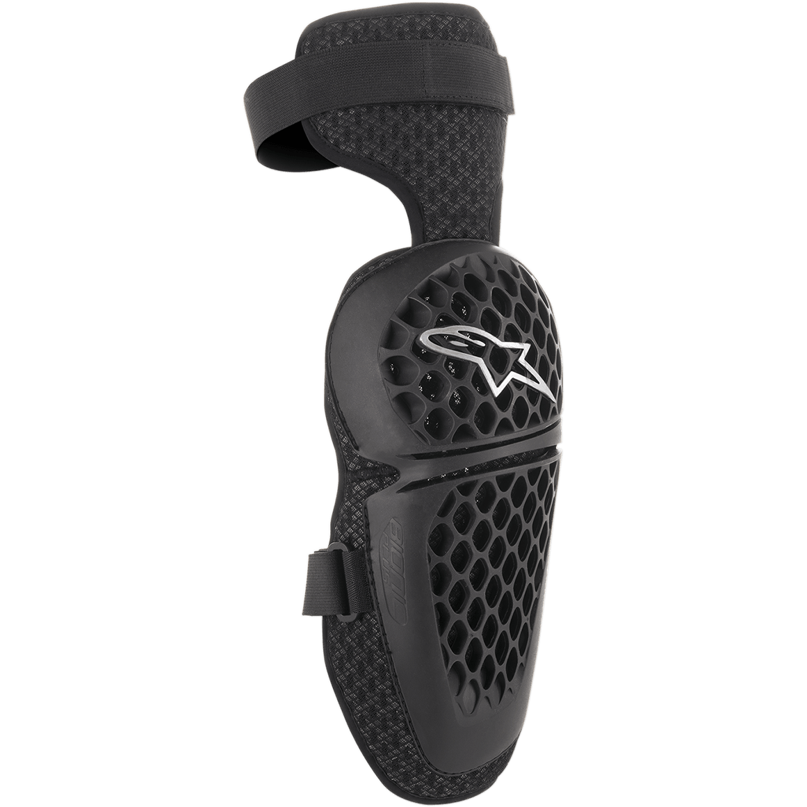 Alpinestars Youth Bionic Plus Knee Protectors, Black, Motocross and Off-road Protection, honeycomb pattern shell with white star logo, adjustable dual-strap closure, 3D mesh backing for ventilation