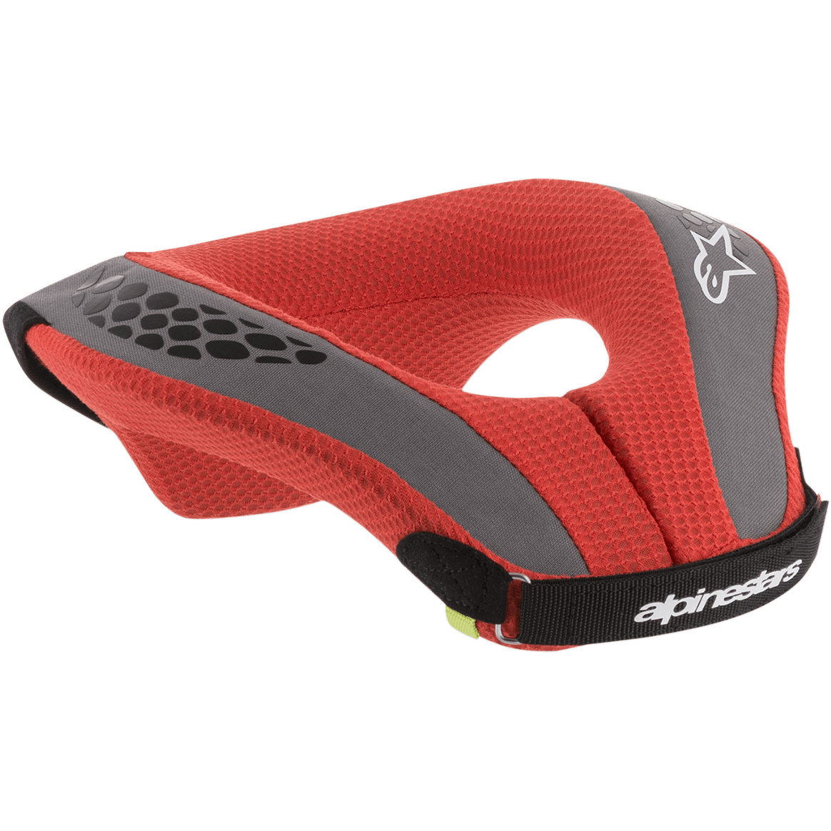 Alpinestars Youth Sequence Neck Roll, młodzieżowy ochraniacz szyi, czerwony i szary, czerwona wyściółka z siatki z szarymi akcentami i czarnym paskiem, białe logo i detale marki, ergonomiczna ochrona dla młodych zawodników